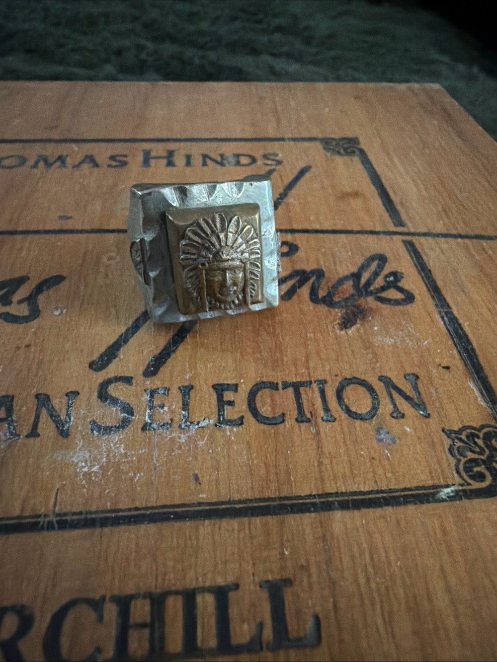 Mexican Silver Biker Ring with Native American headdress in brass. Heavy 925
